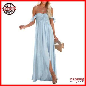 Summer Smocked Off Shoulder Maxi Dress Ruffle Sleeve Side Slit Sundress